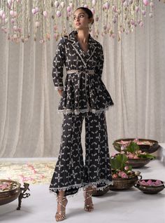 Mulmul | Black Sitara Jacket Top And Flared Pant Set | INDIASPOPUP.COM