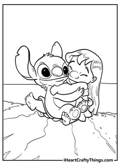 an image of stitchy and her friend in the beach coloring page for children to color