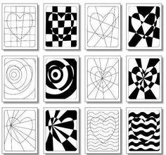 nine black and white abstract art prints with different shapes, lines, and circles on them