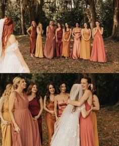 the bridesmaids are all dressed in different colors