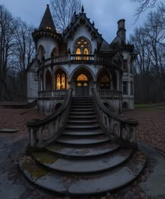 an old castle like building with stairs leading up to the door and windows at night