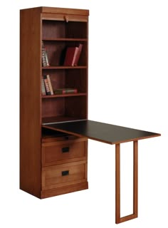 an office desk with bookshelf and drawers