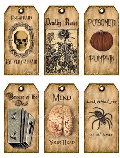 six tags with different types of halloween items on them, including pumpkins and books