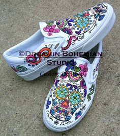 This listing is for a pair of Custom Painted Womens size Vans in my Day of the Dead, Sugar Skull Design. Super Popular Design! I have painted them on Jeans. Jackets, TOMS, Vans and Chucks! If Vans has the size, I can paint them for you. This p[rice is for the shoes with with painting. Let me know the size upon making payment and I will order them for you. If you are interested in painted Vans but would like something different for yourself, please check out my website www.dreaminbohemian.com ... Vans For Women, Custom Vans Shoes, Painted Shoes Diy, Vans Custom, Painted Vans, Custom Shoes Diy, Tenis Vans, Painted Sneakers, Hand Painted Shoes