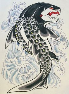 a drawing of a black and white koi fish with yellow eyes on it's face