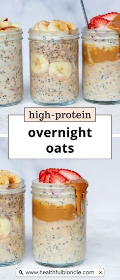 overnight oatmeal recipe in glass jars with strawberries and bananas on top