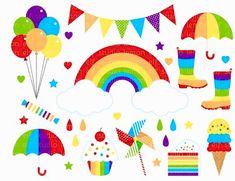 an assortment of colorful items including umbrellas, boots and rainbows on a white background