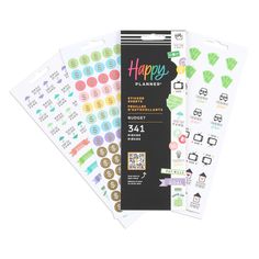 the happy planner stickers are shown in three different colors and sizes, including one for each