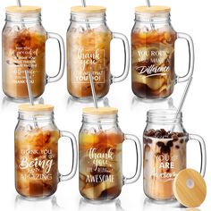 six mason jars filled with iced coffee and drinking straws