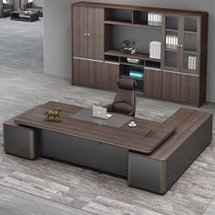 an office desk with bookshelves, cabinets and a chair on the floor in front of it