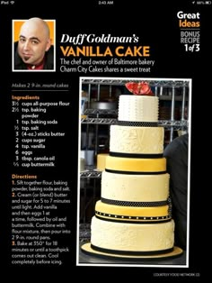 an advertisement for a cake that is yellow and black