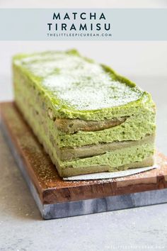 matcha tirami on a cutting board with text overlay