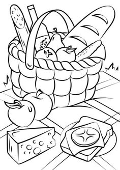 a basket full of food and bread on the ground coloring pages, coloring sheets, coloring books, printables, free to color, person, fruit, vegetables, fruits, drawings, pictures, breakfast, snacks, foods, sketches, illustration, how to draw