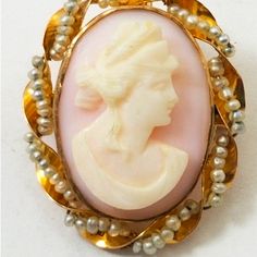 10k Gold Cameo Pearl Brooch/ Pendant Combo Carved Shell Cameo Aporox. Weight- 2.9g Size/Length- 1 1/8" (See Photos) Metal- Solid Gold Stone- Shell Gold Brooch, Carved Shell, Conch Shell, Gold Brooches, Pearl Brooch, Seed Pearl, Solid Metal, Conch, 10k Gold