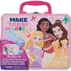 a pink suitcase with princesses on it and the words make today magic written in front