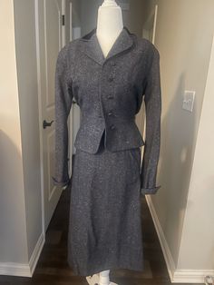 This is a vintage item. Blazer fully lined. Skirt partially lined. Measurements are approx.  Blazer  Bust: 34" Waist: 25" Skirt Waist: 24" Length: 27" Classic Winter Semi-formal Skirt Suit, Classic Winter Skirt Suit For Semi-formal Occasions, Winter Formal Fitted Skirt Suit, Vintage Skirt Suit For Semi-formal Fall Occasions, Classic Formal Winter Skirt, Classic Fitted Skirt, Formal Fitted Lined Skirt, Classic Fitted Mini Skirt, Classic Fitted Denim Skirt