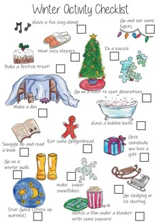 a winter activity checklist with pictures and words