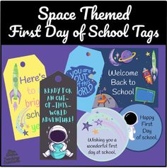 space themed first day of school tags for kids to use on their books and crafts