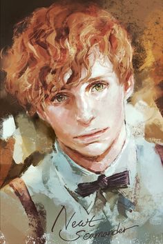 a painting of a young man with red hair wearing a white shirt and bow tie