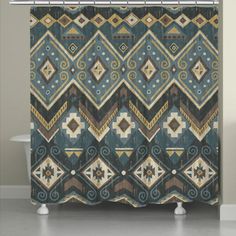 a shower curtain with an abstract design in blue, brown and beige colors on it