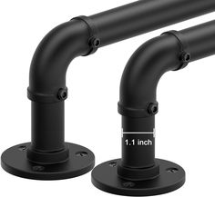 two black pipe holders are shown with the measurements for each one in front and behind them