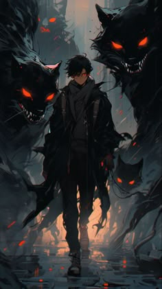 a man standing in front of two demonic cats with glowing eyes and fangs on his face