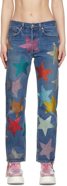 Straight-leg non-stretch denim jeans in blue featuring crystal-cut graphic pattern in multicolor. · Mid-rise · Five-pocket styling · Belt loops at waistband · Button-fly · Contrast stitching in tan Part of the Collina Strada x Levi's collaboration. Supplier color: Rhinestone star Bedazzled Jeans, Sequin Jeans, Rhinestone Jeans, Creative Clothes, 501 Jeans, Fashion Diy, Star Jeans, Levi's 501, Levi Jeans 501