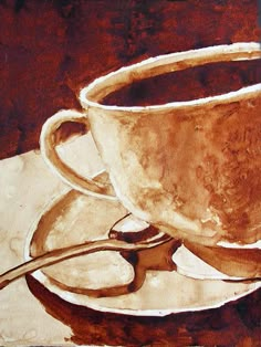 a painting of a coffee cup on a saucer with a spoon next to it