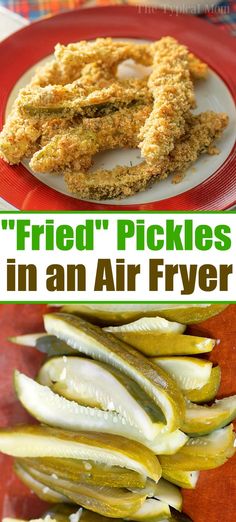 fried pickles in an air fryer on a red plate with text overlay