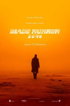 a man walking across a sandy beach under an orange and yellow sky with the words blade runner 2013 written on it