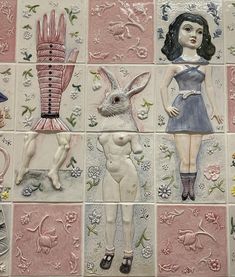 several images of different women and animals on tile