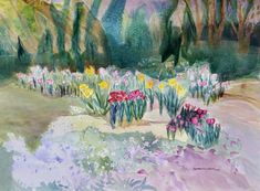 watercolor painting of colorful flowers and trees in the background with dirt path leading up to them