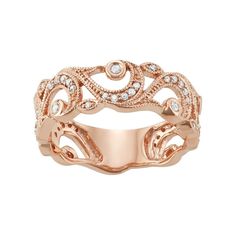 Featuring an ornate filigree design, this 10k rose gold diamond ring is sure to garner compliments. Click on this JEWELRY & WATCHES GUIDE to learn about fit, styles, materials and more!RING DETAILS Width: 0.3 in. Metal: 10k rose gold Plating: pink rhodium Packaging: boxed DIAMOND DETAILS Total weight: 1/4 ct. Shape: round Color grade: H-I Clarity: I1-I2 Setting: prong, bezel Gemstones may have been treated to enhance their appearance. Special care may be required. Please visit our Gemstone Treat Rose Gold Wedding Band, Geode Jewelry, Unique Diamond Engagement Rings, Gem Earrings, Rose Gold Diamond Ring, Rose Gold Wedding Bands, Filigree Design, Filigree Ring, Rose Gold Wedding