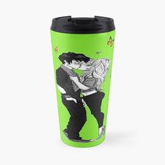 a green travel mug with an image of two people kissing on the cheek and one is holding