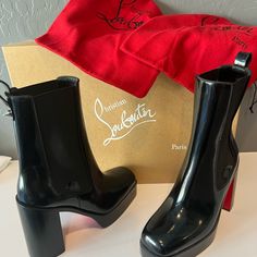 Christian Louboutin Loubirain Calf-High Rain Boots. Black With Outsole. 3 In Heel. Size 39. Never Worn. Designer Patent Leather Heeled Boots With Reinforced Heel, Designer Patent Leather Boots With Sculpted Heel, Designer Patent Leather Boots With Almond Toe, Designer Patent Leather Boots With Reinforced Heel, Luxury Black Heeled Boots With Rubber Heel Cap, Evening Patent Leather Boots With Red Sole, Luxury Heeled Boots With Red Sole And Round Toe, Black Heeled Boots With Red Sole And Round Toe, Party Boots With Red Sole In Calf Leather