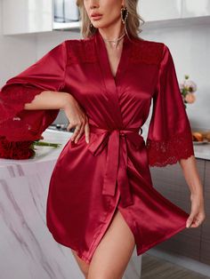 Women's V-Neck Long Sleeve Lace Trim Self-Tie Waist Soft Robe Burgundy   Three Quarter Length Sleeve Satin Plain  Non-Stretch All,Fall/Winter Women Sleep & Lounge, size features are:Bust: ,Length: ,Sleeve Length: Red Silk Robe, Plus Size Robes, Pyjama Satin, Soft Robes, Short Pj Set, Women's Robe, Silk Robe, Satin Blouse, Red Silk