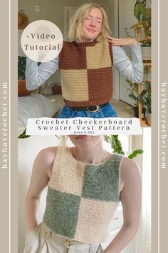 a woman wearing a crochet checkerboard sweater vest pattern in two different colors