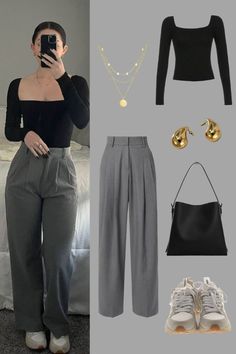 Grey Pants Black Top Work Outfits, Trouser Grey Outfit, Outfits With Trousers Women, Tops To Wear With Black Trousers, Pleated Trouser Outfit Women, Top With Trousers Outfit, Sneakers For Dress Pants, Trousers Outfit For Women Casual, Outfit Inspo Black Trousers