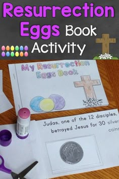 an easter egg book activity with scissors, glue and other crafting supplies on a table