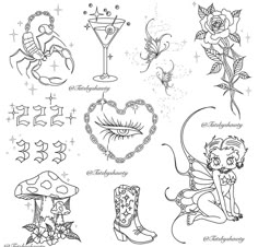 some tattoos that are in the shape of hearts, flowers and other things on them