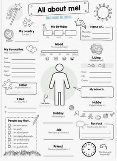 all about me worksheet for kids with pictures and words on the front page