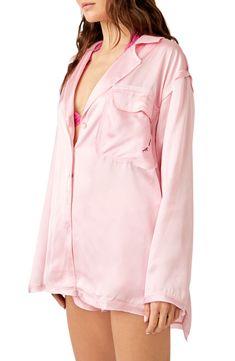 Buttery-soft satin refines this drapey long-sleeve pajama shirt in an oversized fit that lets you sink into its luxurious comfort. 30 1/2" front length; 32" back length (size Medium) Front button closure Notched collar Chest patch pocket Long sleeves 100% polyester Hand wash, line dry Imported Satin Pyjama, Free People Long Sleeve, Satin Pajama, Revere Collar, Satin Pajamas, Co Ord Set, Pajama Shirt, Pink Quartz, Long Sleeve Pyjamas