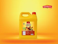 a gallon of mustard sits on an orange background