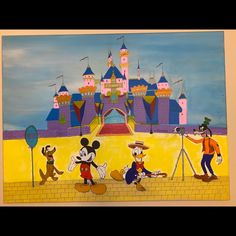 a painting of mickey and friends in front of a castle