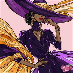 a drawing of a woman wearing a purple hat and dress with yellow wings on her head