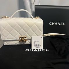 Authentic Chanel. White And Gold Mini Purse Designer White Flap Bag For Formal Occasions, Timeless White Shoulder Bag For Formal Occasions, White Timeless Formal Shoulder Bag, Elegant White Flap Bag With Detachable Strap, Timeless White Top Handle Shoulder Bag, Elegant White Flap Bag For Travel, Chic White Top Handle Flap Bag, White Formal Flap Bag With Top Handle, Designer White Rectangular Flap Bag