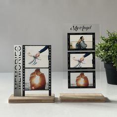 two photos are placed next to each other in front of a potted plant on a table