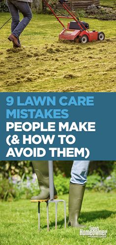 Top: Person mowing a lawn. Bottom: Closeup of person aerating a lawn with a pitchfork. Lawn Repair Step By Step, New Sod Care Tips, Grass Fertilizer Green Lawn, Creeping Charlie, Manual Lawn Mower, Lawn Ideas, Diy Lawn, Lawn Mowing Memes Hilarious