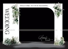 a wedding arch with flowers and greenery on the front, welcome to our wedding