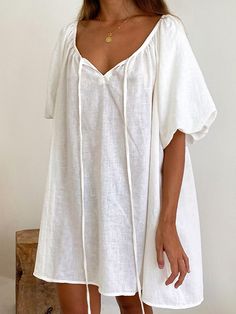 Loose Puff Sleeves Lace-Up Pleated See-Through Solid Color V-Neck Mini Dresses Sleep Dress WHITE-M Linen Night Dress, Vacation Sleepwear, Linen Summer Outfits, Beautiful Mini Dresses, Loose Mini Dress, Nashville Outfits, Beach Mini Dress, Night Dress For Women, Cotton Linen Dresses